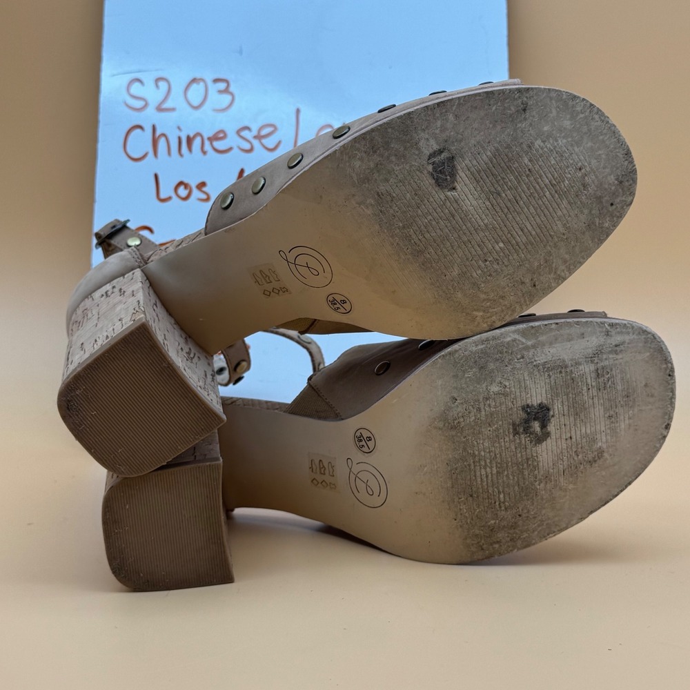 Chinese Laundry Women Sz 8 Tan Suede Studded Cork Block Heel Ankle Strap Sandals - Picture 8 of 9